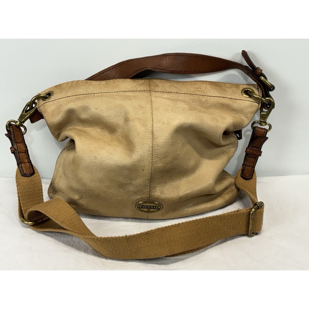 Fossil Explorer Leather Hobo Shoulder Crossbody Satchel Bag Purse Tan/Camel READ